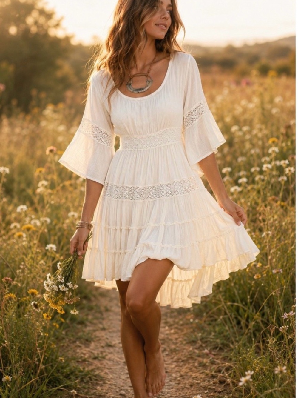 Free People Cloud Boho Tiered Ruffle Mini Dress in Cream - Picture 2 of 12